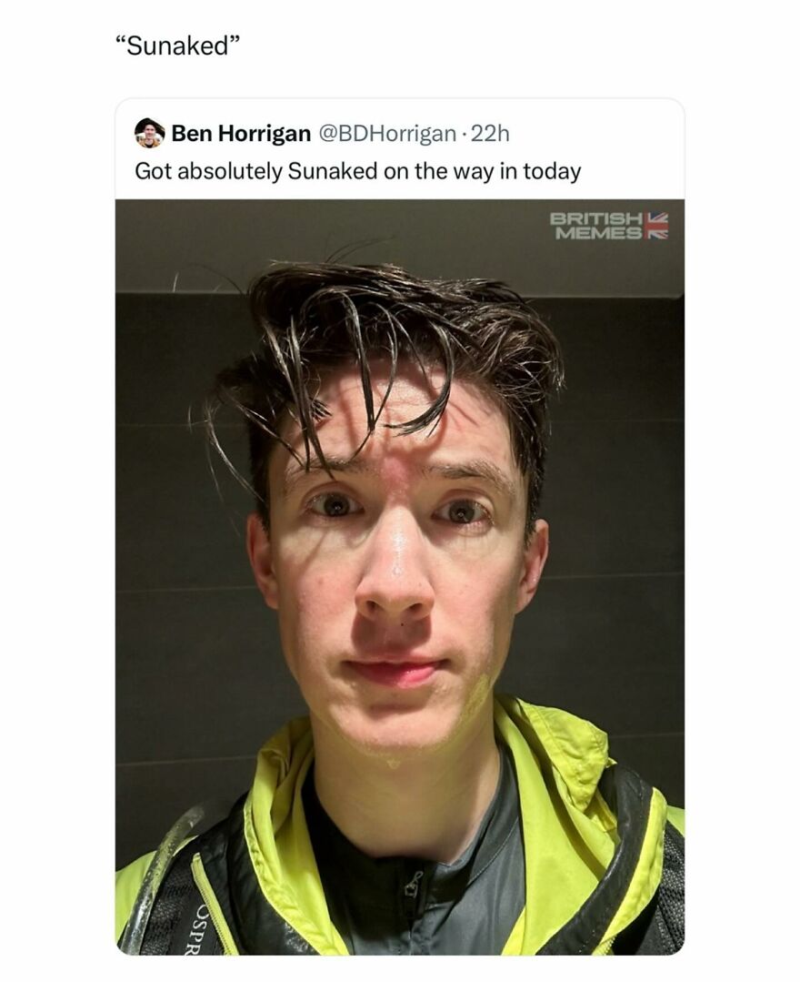 Young man with wet hair and a red face after getting caught in rain, featured in British memes for British humor.