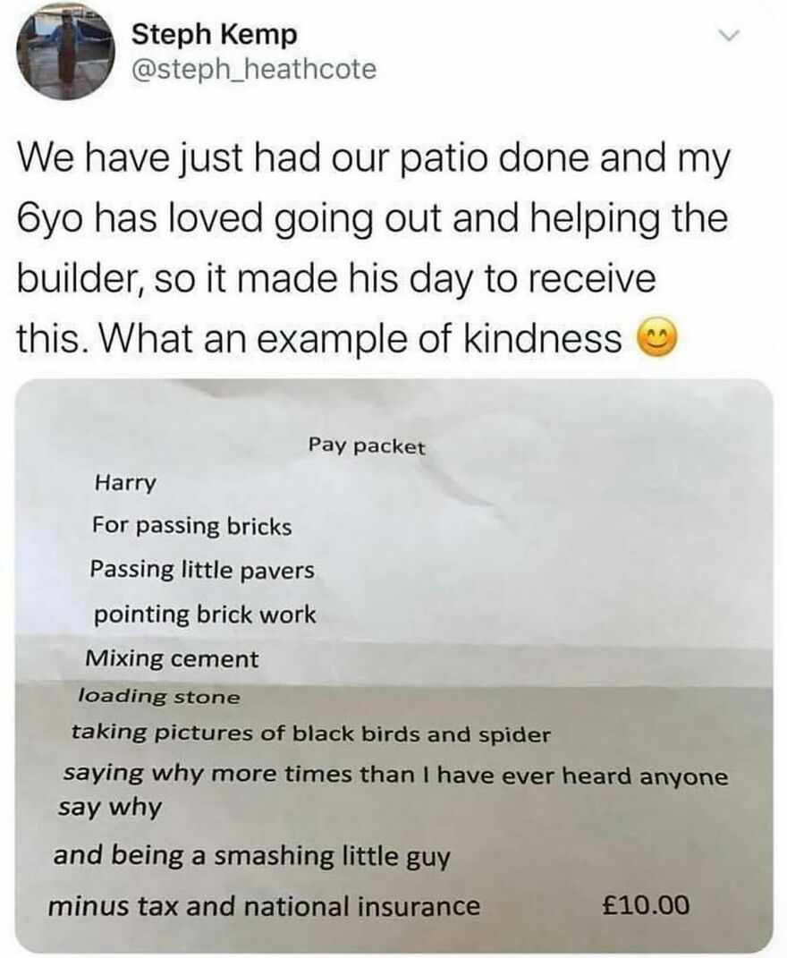 Tweet showing a humorous pay packet for a child helping with construction, reflecting British humor memes.