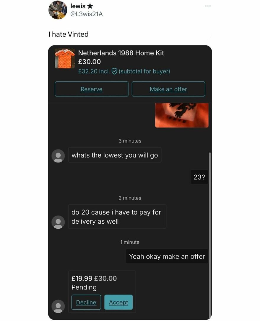 Chat conversation on a resale app negotiating price for a Netherlands 1988 home kit, showcasing British humor memes.