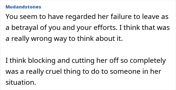 Text excerpt discussing feelings about cutting off a friend who stayed in an abusive marriage and related emotions.