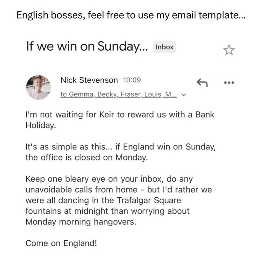 Email meme about English bosses promising office closure on Monday if England wins, showcasing British humor and football spirit.