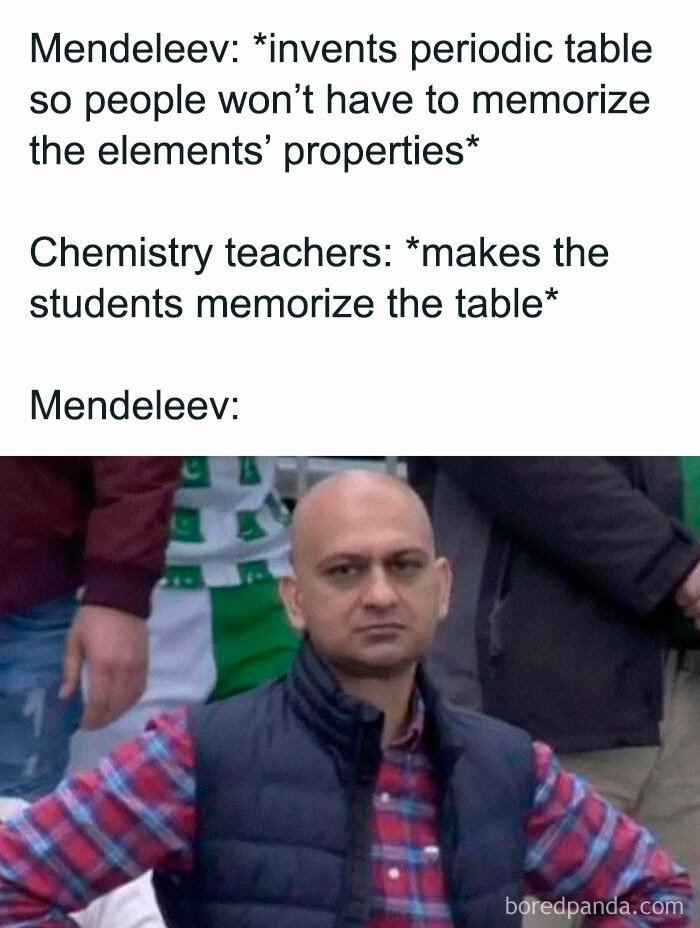 Meme showing Mendeleev disappointed as chemistry teachers make students memorize the periodic table, science memes humor.