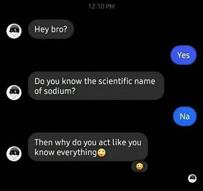 Text conversation meme about the scientific name of sodium using humor to explain science concepts.