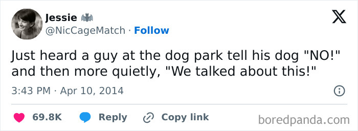Funny dog meme showing a tweet about a guy at the dog park telling his dog no and then quietly reminding him.