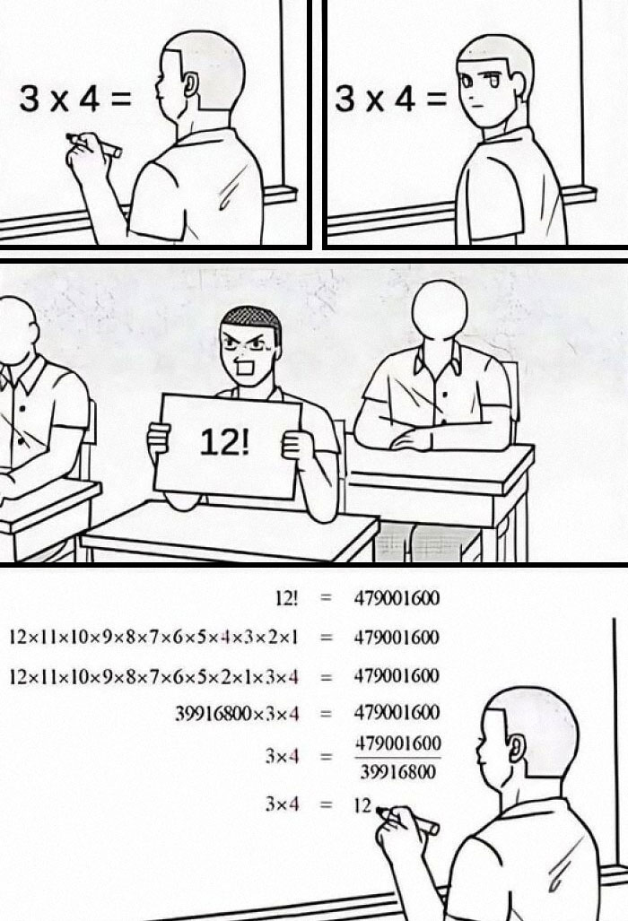 Classroom comic meme humorously explaining a math problem incorrectly with exaggerated factorial confusion.