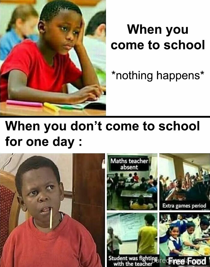 Boy looking bored at school, then surprised at chaos and free food when missing one day, funny science meme concept.