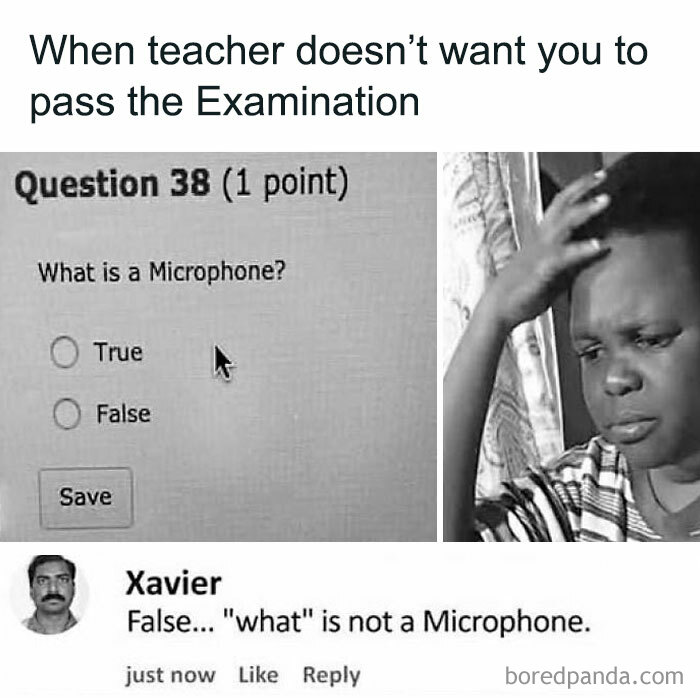 Funny meme showing a confused student and a humorous science exam question about what a microphone is.