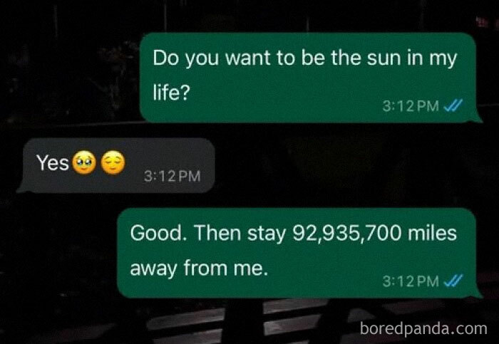 Text message meme humorously explaining science with the sun’s distance at 92,935,700 miles as a joke about space.
