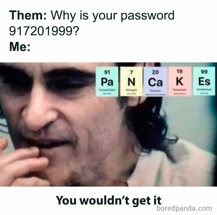 Man with thoughtful expression, humorously explaining a password using elements from the periodic table, science memes concept.