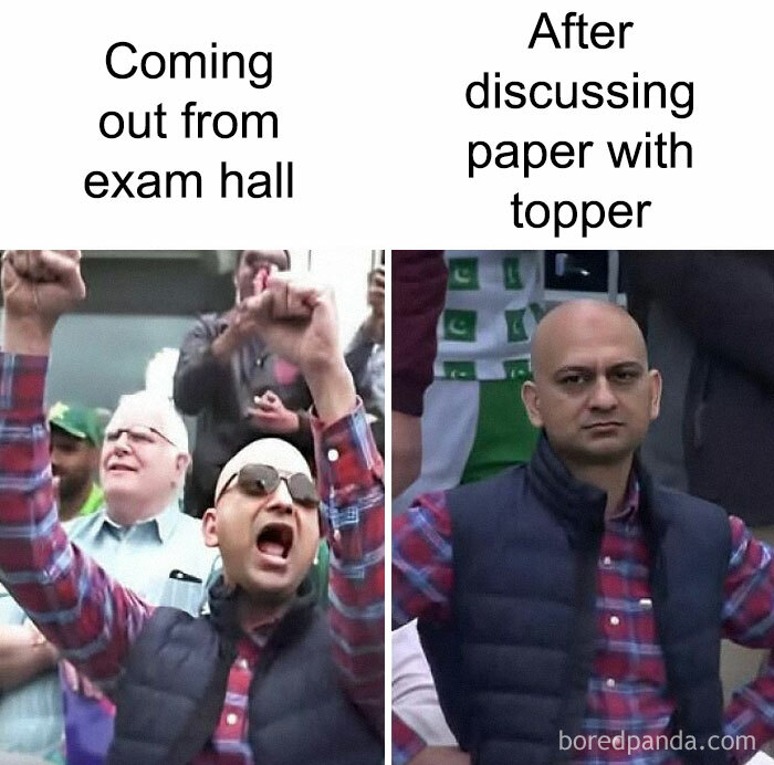 Man celebrating coming out from exam hall, then looking serious after discussing paper with topper, funny science memes concept.