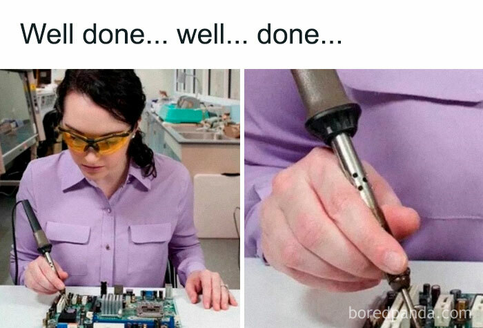 Woman in protective glasses soldering electronic parts, illustrating funny memes that explain science concepts.