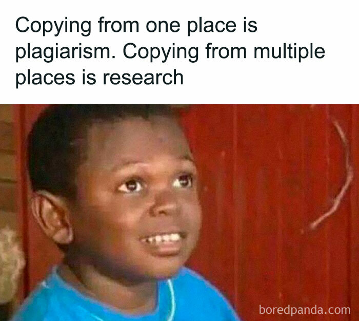 Child smiling with caption about plagiarism and research, a funny meme explaining science concepts for better understanding.