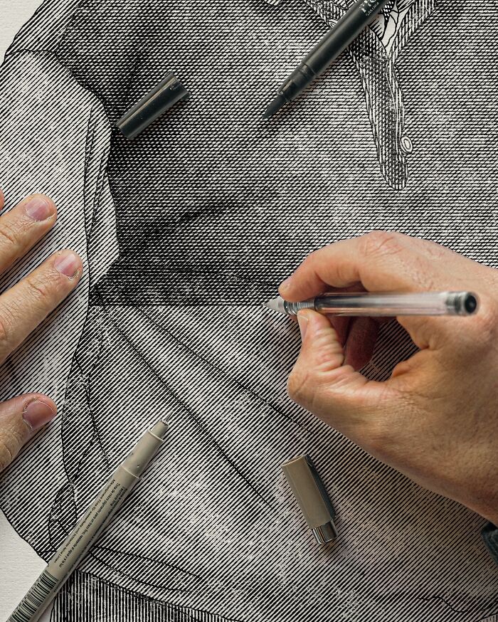 Highly detailed black-and-white illustration of a man created using precise crosshatching techniques on paper.