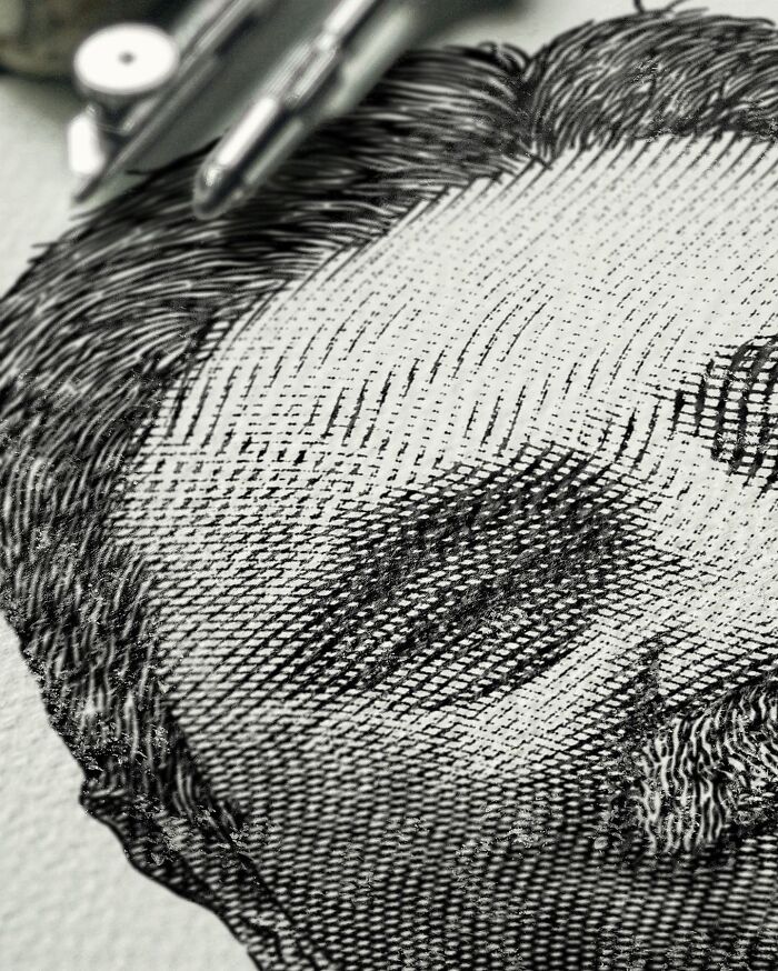 Highly detailed black-and-white illustration of a man created using precise crosshatching techniques on paper.