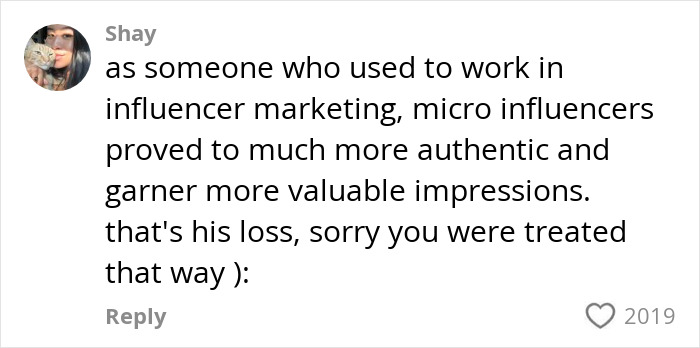 Comment discussing the value of micro influencers in marketing and expressing sympathy for unfair treatment.