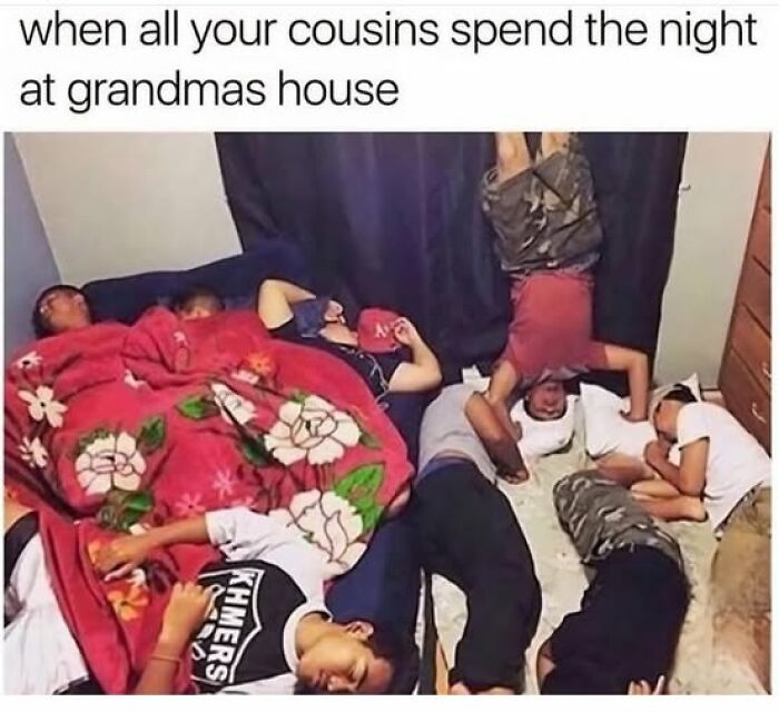 Group of kids crowded and sleeping in a small room, illustrating funny memes about what it’s like being Hispanic.