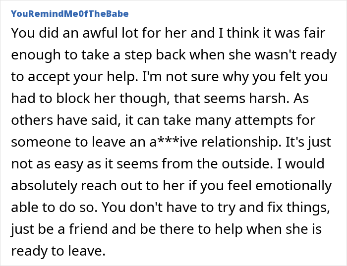 Comment text discussing reasons for cutting off a friend who stayed in an abusive marriage, highlighting emotional challenges.