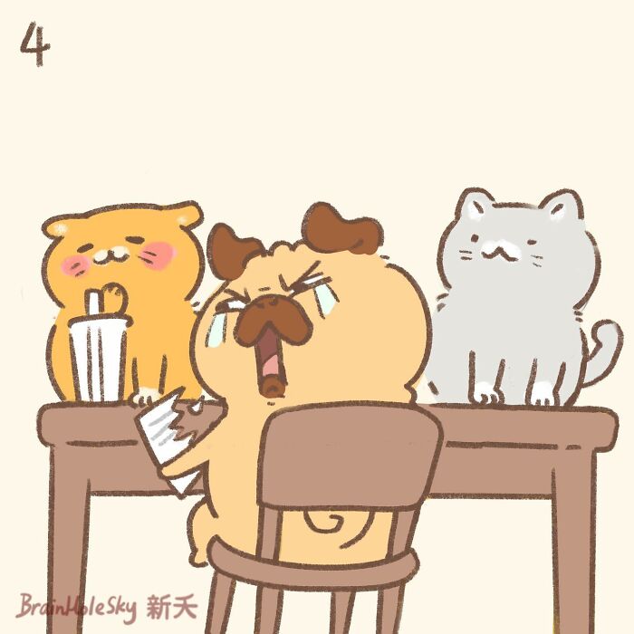 Cute animals featured in hilariously relatable comics by an artist, showing a dog and two cats sitting at a table with drinks.