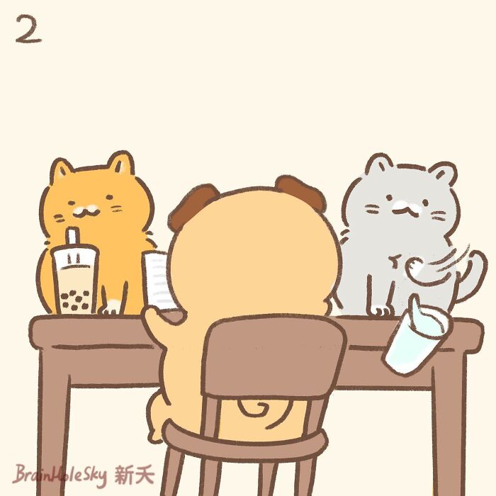 Cute animals featured in hilariously relatable comics by an artist, showing a dog and two cats sitting at a table with drinks.