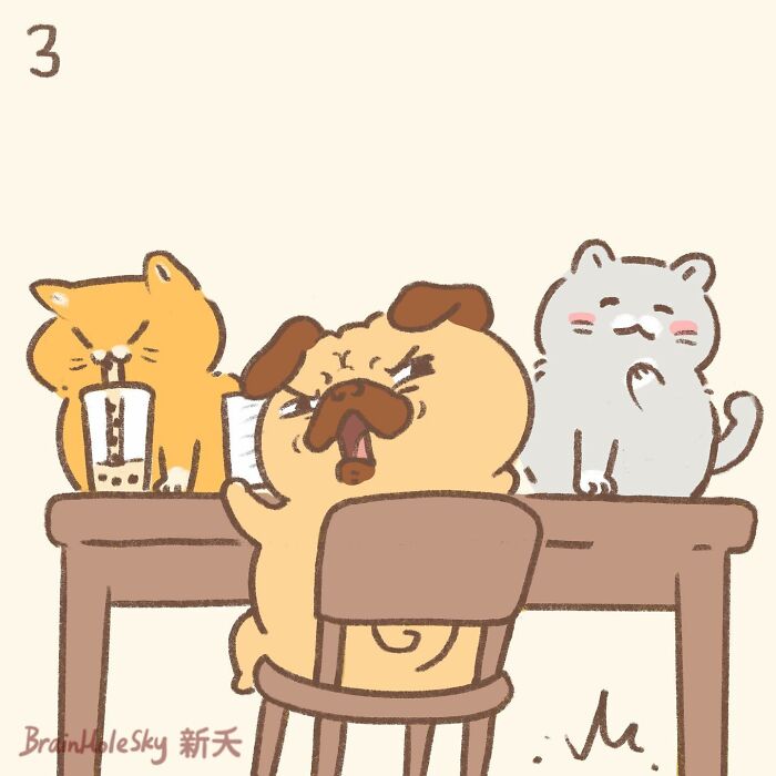 Cute animals featured in hilariously relatable comics by an artist, showing a dog and two cats sitting at a table with drinks.