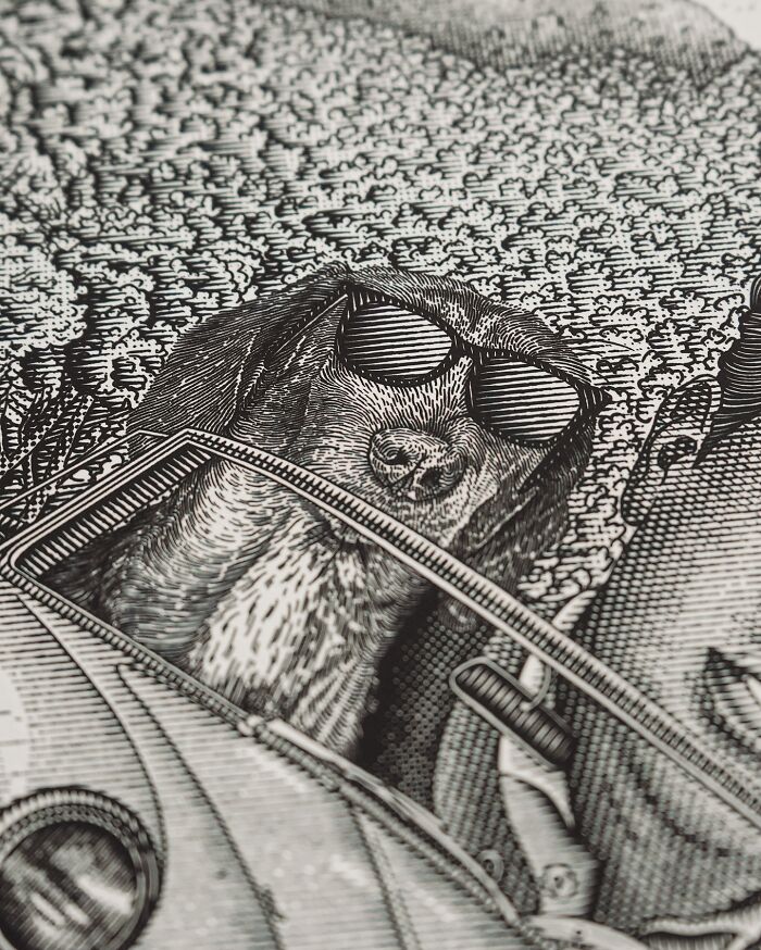 Black-and-white illustration of a man and dog in a vintage car with detailed landscape and ornate frame.