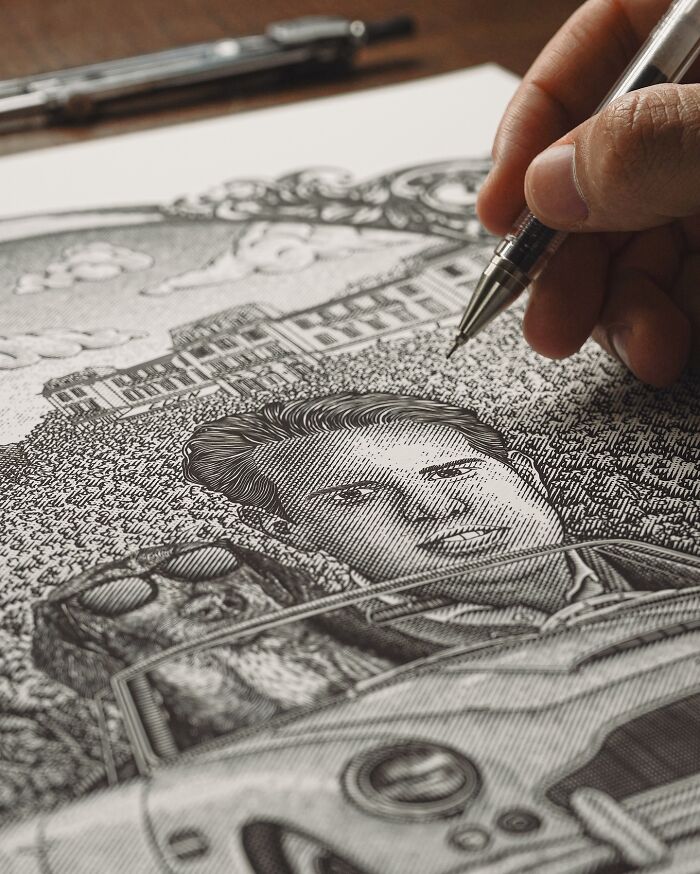 Black-and-white illustration of a man and dog in a vintage car with detailed landscape and ornate frame.