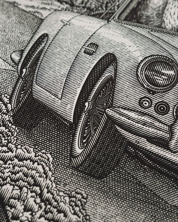 Black-and-white illustration of a man and dog in a vintage car with detailed landscape and ornate frame.