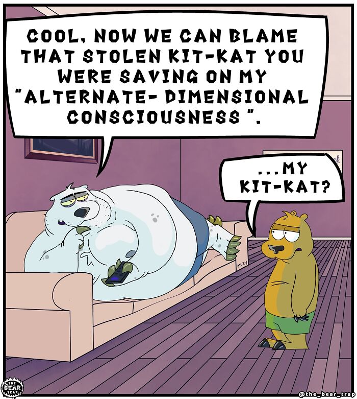 Cartoon animals in hilarious comics humorously tackling real-life struggles, featuring a bear lounging and texting.