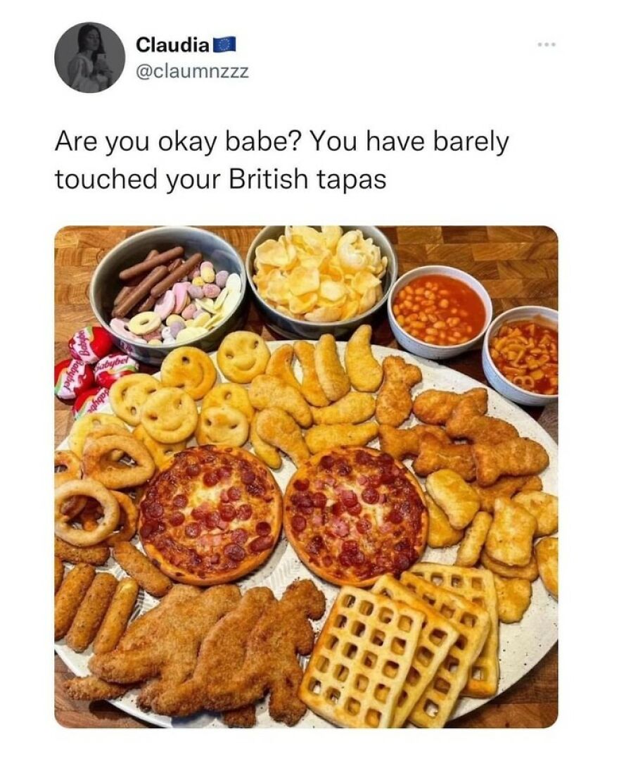 British humor meme showing a humorous plate of British-style snacks labeled as British tapas.
