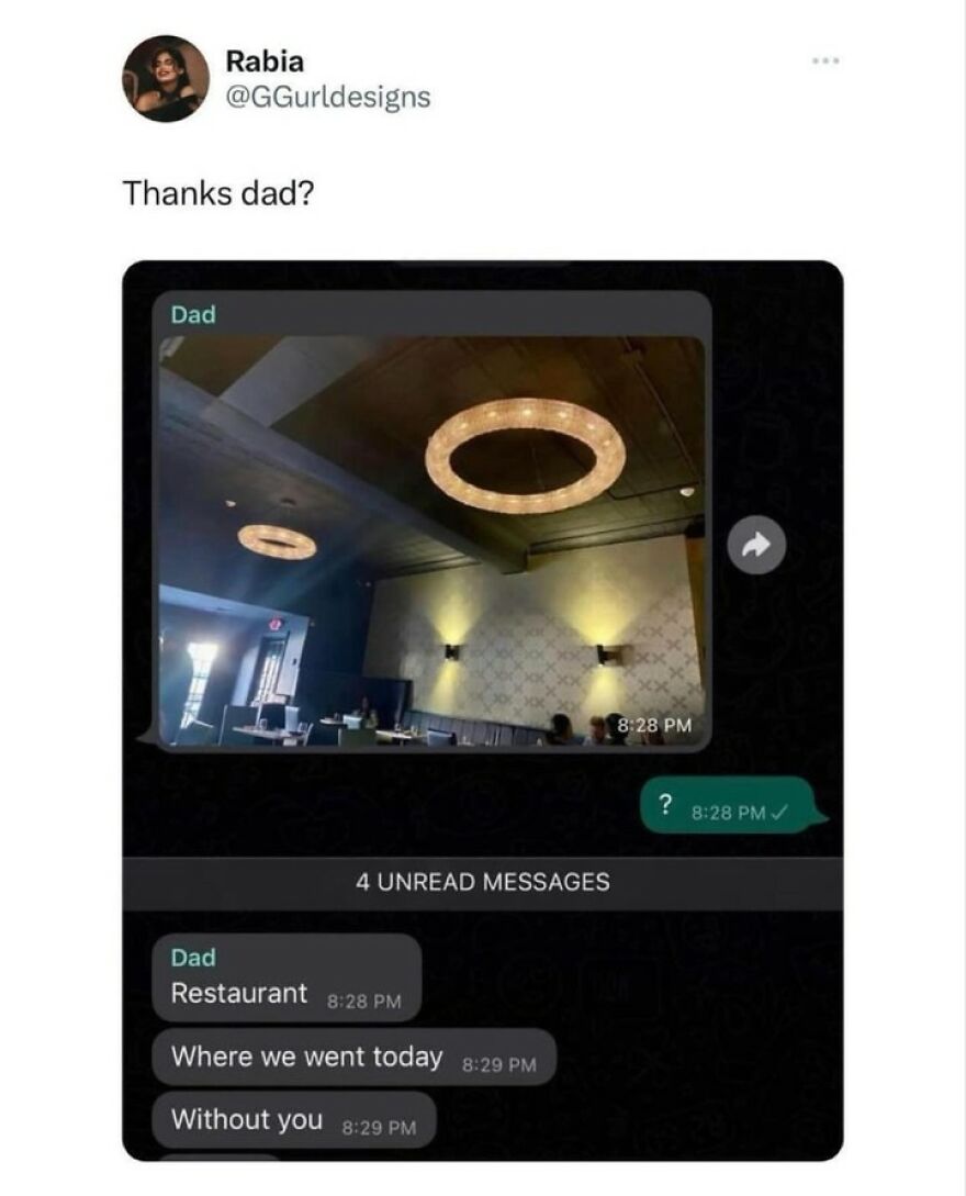 Text message exchange showing British humor meme with a dad sending a restaurant photo and a witty caption.
