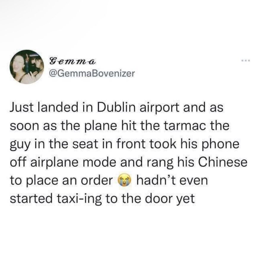 Text meme about a plane landing in Dublin with British humor on phone use and ordering Chinese food.