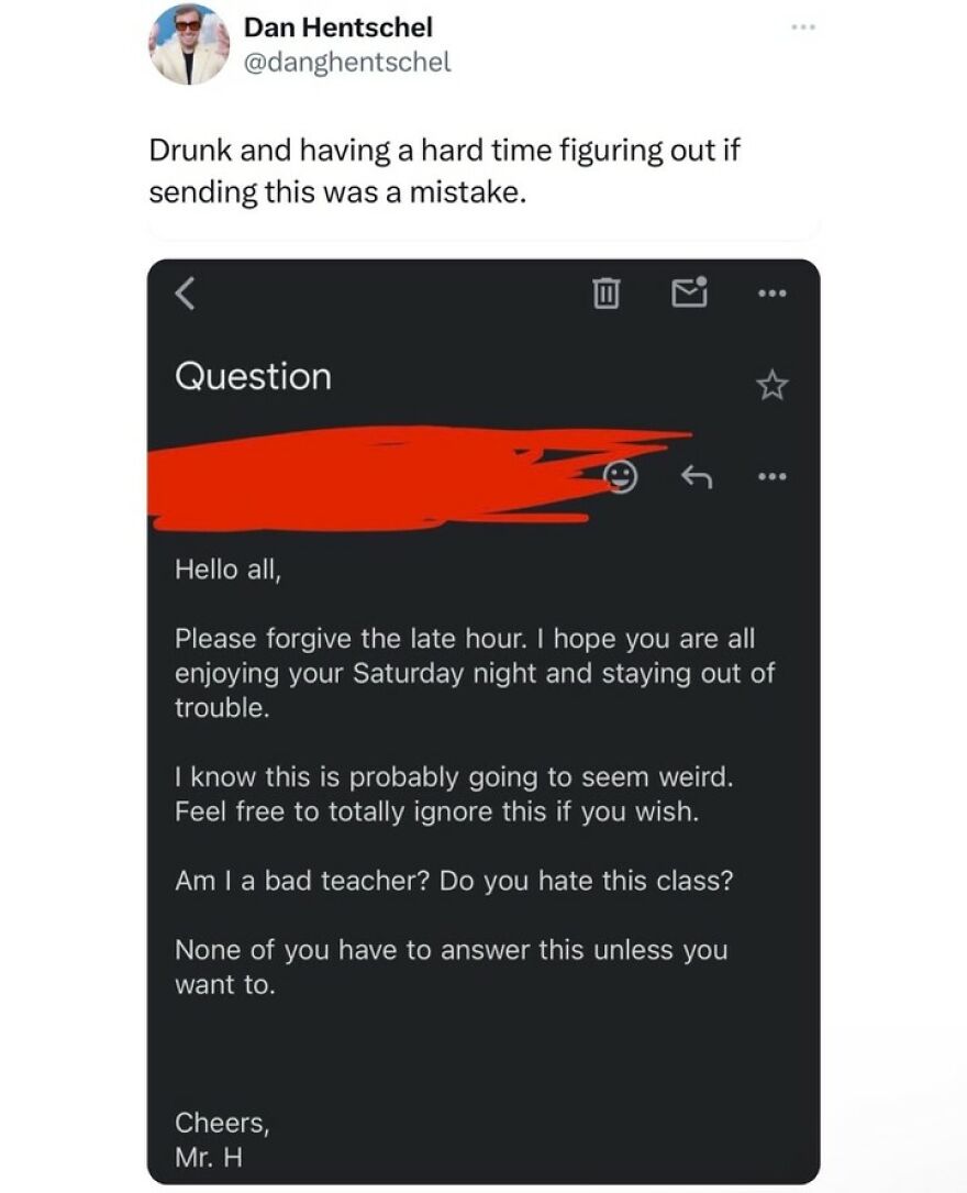 Screenshot of a humorous late-night message asking if the sender is a bad teacher in British humor memes style.