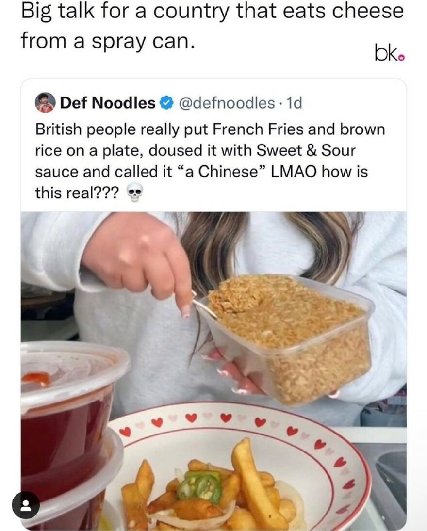 British humor meme showing a person holding brown rice with fries and sweet and sour sauce on a plate.
