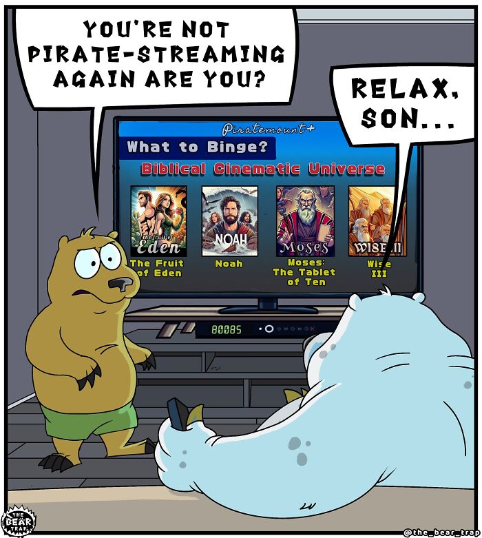 Cartoon animal comic showing a bear asking another to help decide what to binge, highlighting real-life struggles.