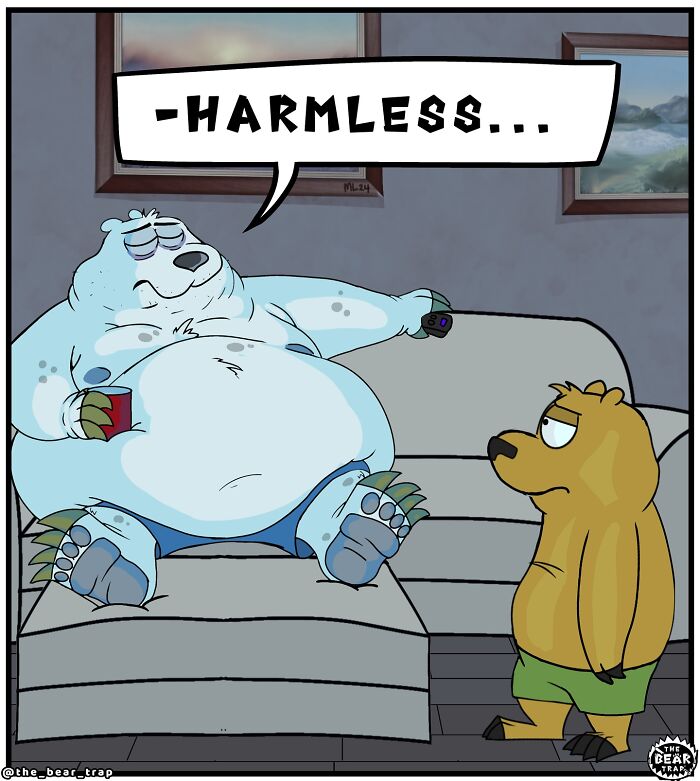 Cartoon animal comic showing a bear asking another to help decide what to binge, highlighting real-life struggles.