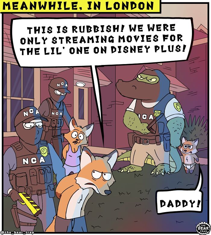 Cartoon animal comic showing a bear asking another to help decide what to binge, highlighting real-life struggles.