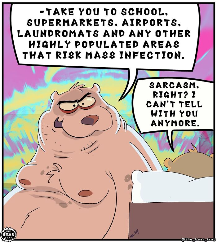 Bear comics showing a sick dog in bed and a concerned polar bear parent tackling real-life struggles humorously.