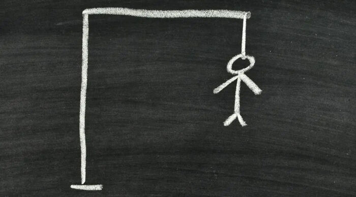 Chalkboard drawing of a hangman-style quiz with a stick figure hanging, missing half the letters in the phrases. Chalkboard drawing of a hangman-style quiz with a stick figure hanging, missing half the letters in the phrases.