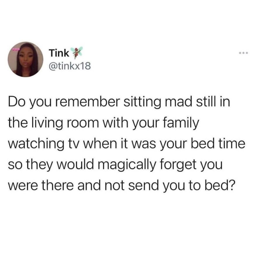 Tweet about sitting quietly during bed time with family watching TV, a relatable meme in British humor memes.