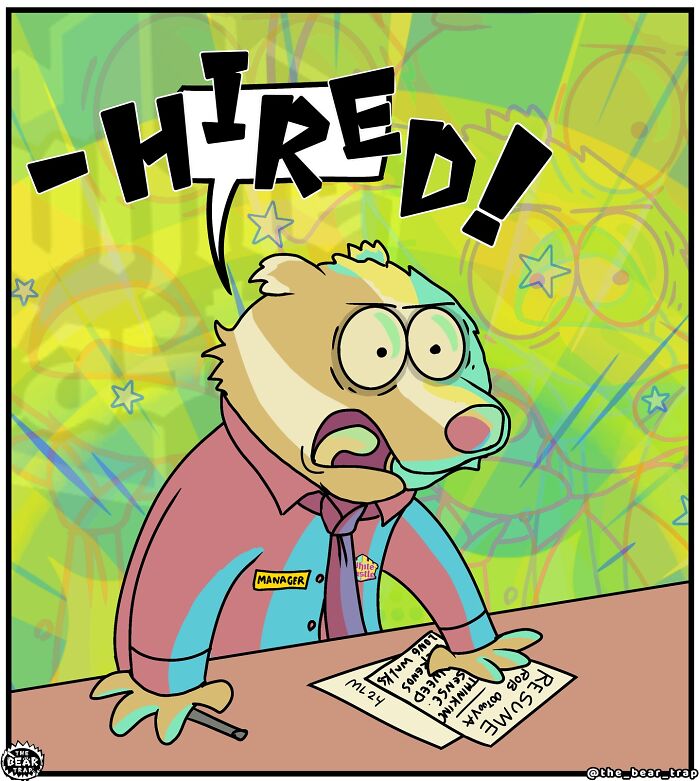 Bear manager humorously asks about past experience in animal comics tackling real-life work struggles.