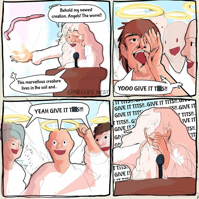 Comic from Nellie’s Nest showing a humorous scene of angels cheering for a new creation, the worm, in four panels.