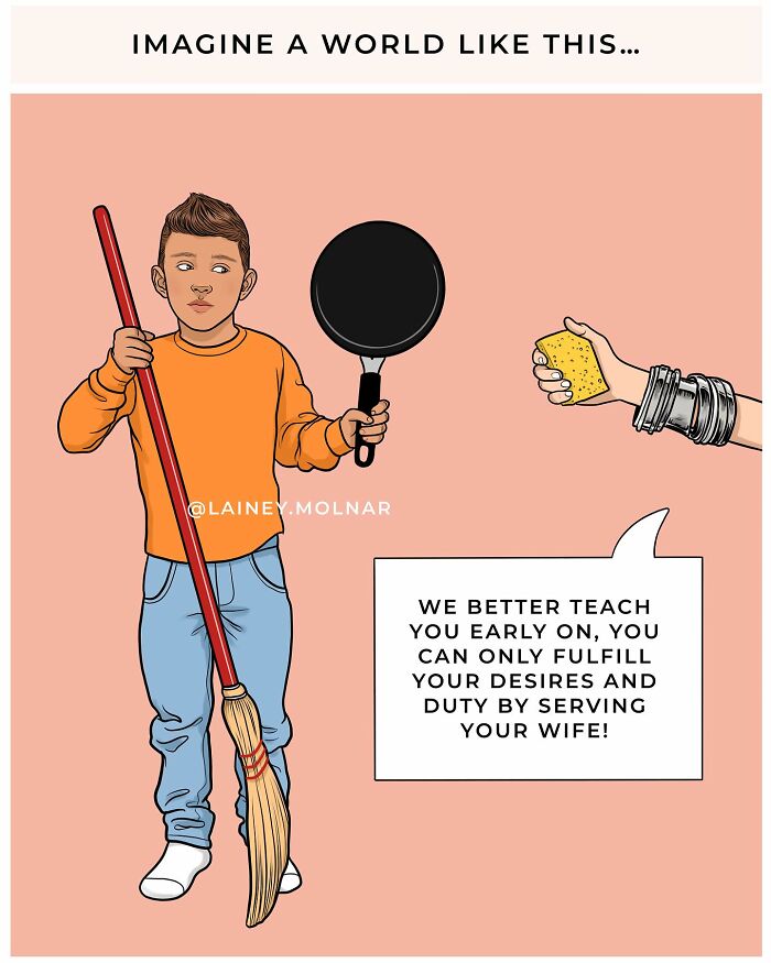 Illustration exploring gender expectations showing a man being told to cover up to avoid tempting women lacking self-control.