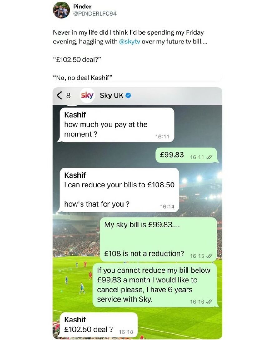 Text conversation showing British humor in a funny negotiation over a Sky TV bill, highlighting daily dose of British humor memes.
