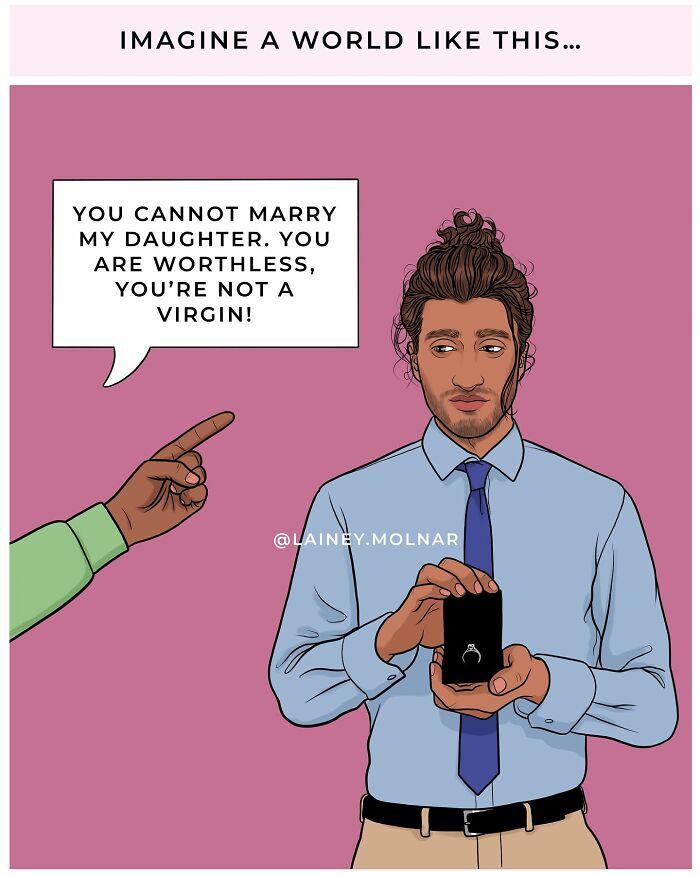 Illustration exploring gender expectations showing a man being told to cover up to avoid tempting women lacking self-control.