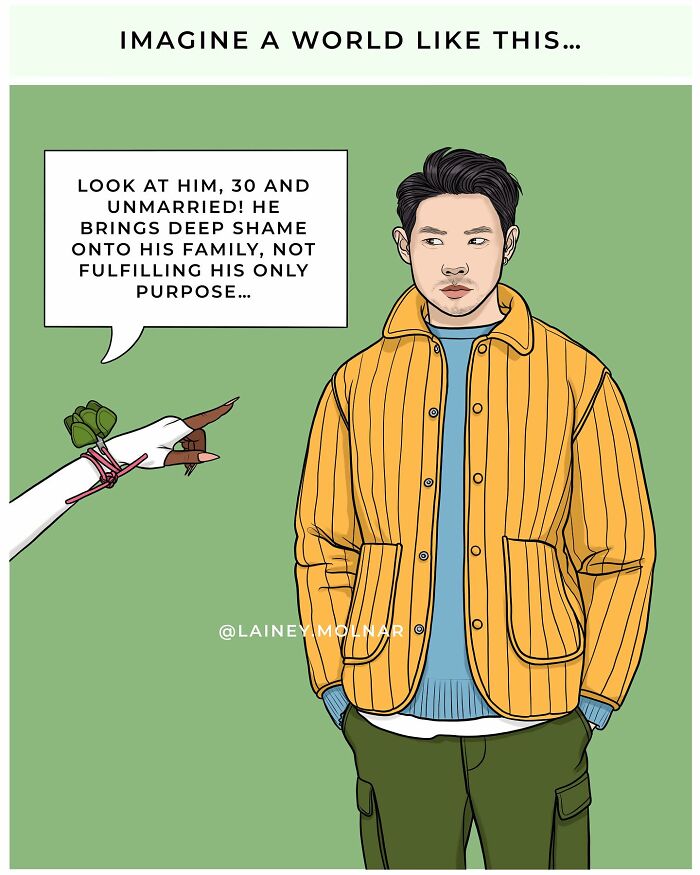 Illustration exploring gender expectations showing a man being told to cover up to avoid tempting women lacking self-control.