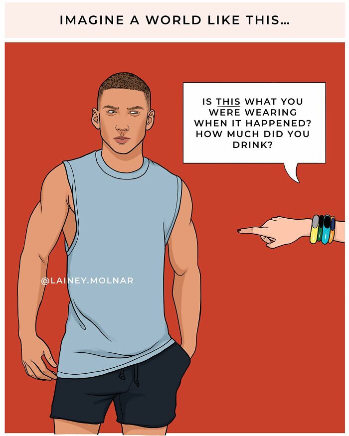Illustration exploring gender expectations showing a man being told to cover up to avoid tempting women lacking self-control.