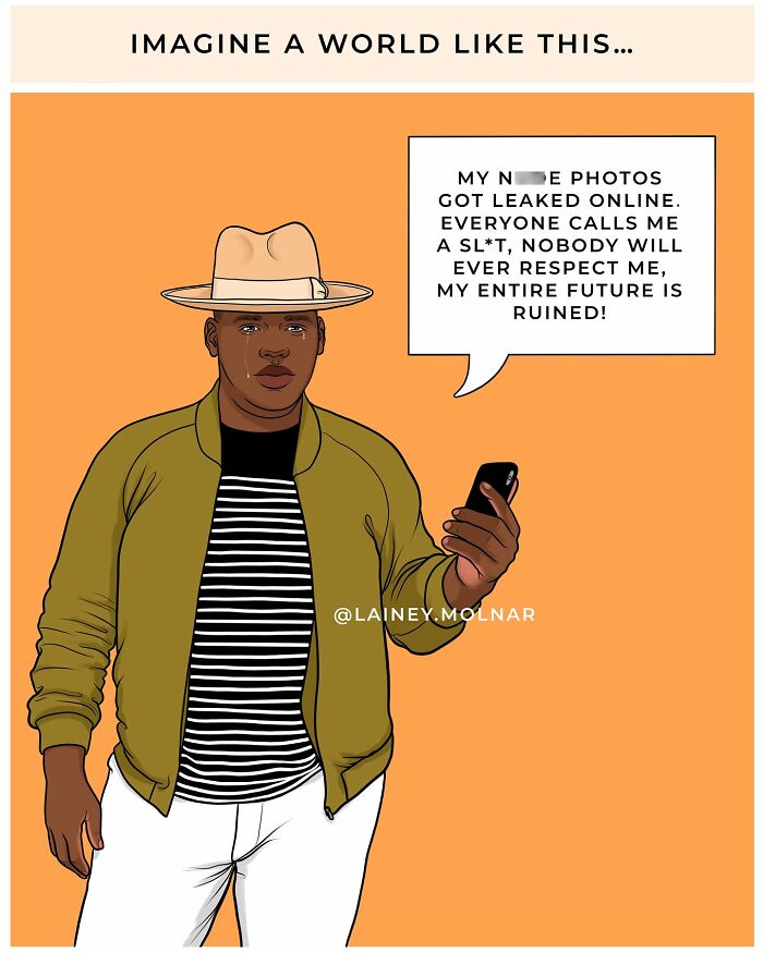 Illustration exploring gender expectations showing a man being told to cover up to avoid tempting women lacking self-control.