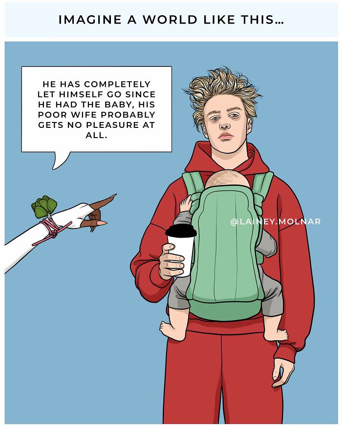 Illustration exploring gender expectations showing a man being told to cover up to avoid tempting women lacking self-control.