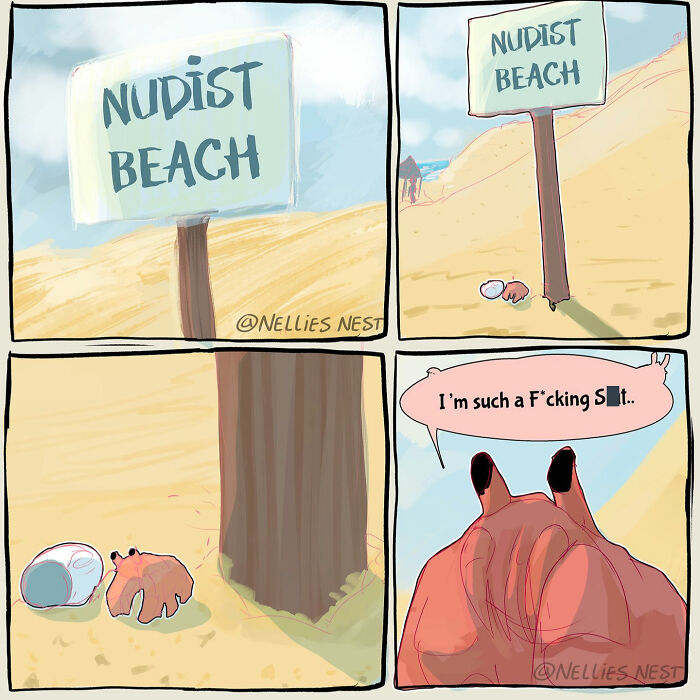 Comic from Nellie's Nest showing a crab at a nudist beach sign with a humorous caption expressing regret.