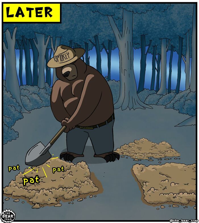 Cartoon bear character with a shovel telling two youths a message in a comic about real-life struggles.
